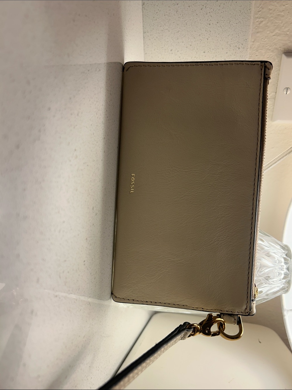 Fossil Taupe Leather Wristlet Clutch with Gold Hardware